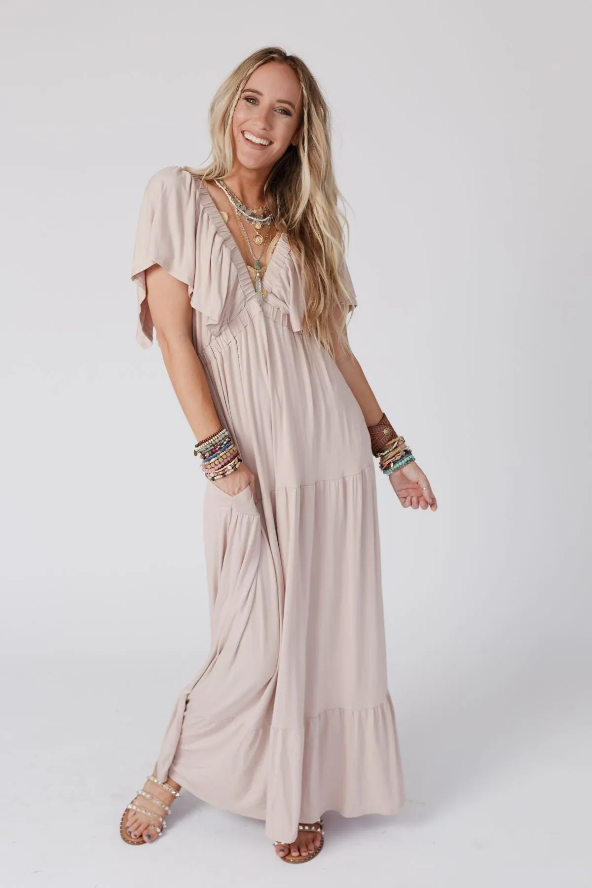 On Repeat Open Back Ruffle Maxi Dress - Sand