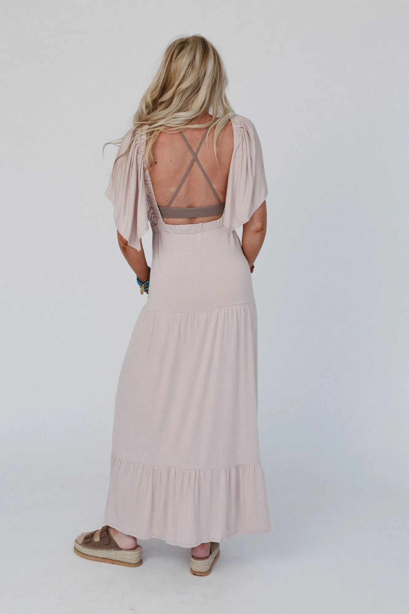 On Repeat Open Back Ruffle Maxi Dress - Sand