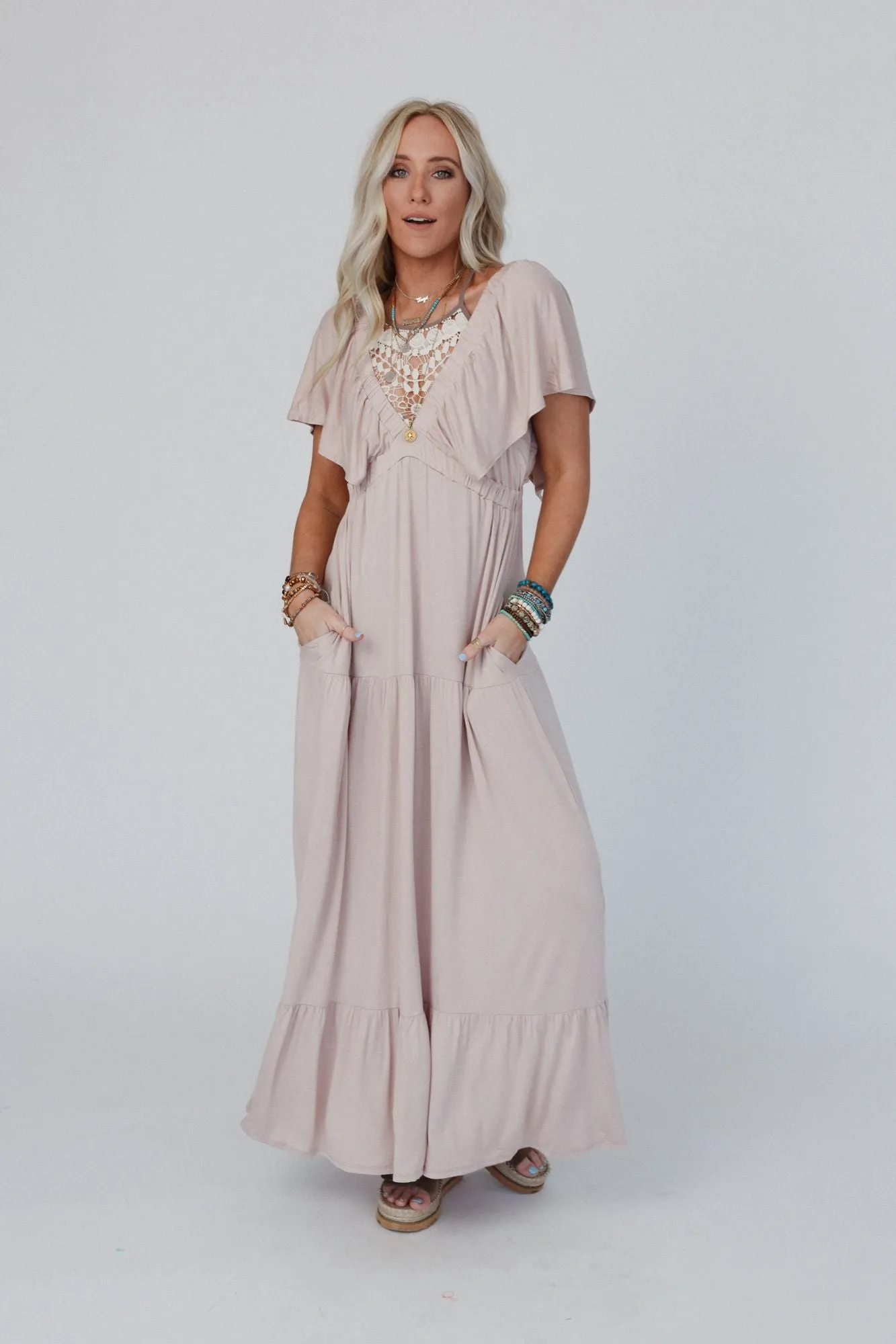 On Repeat Open Back Ruffle Maxi Dress - Sand