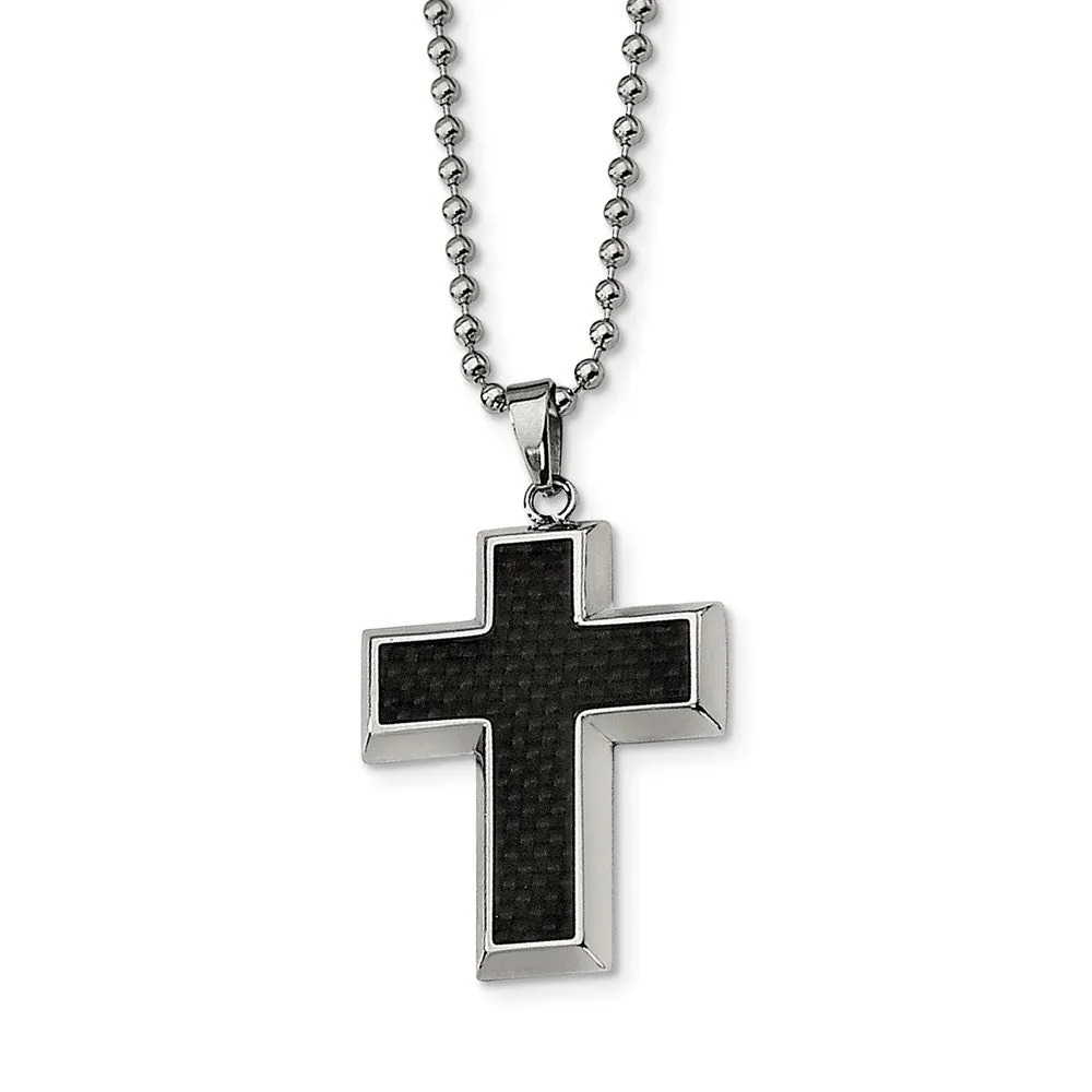 Stainless Steel and Black Carbon Fiber Inlay Cross Necklace - 22 Inch