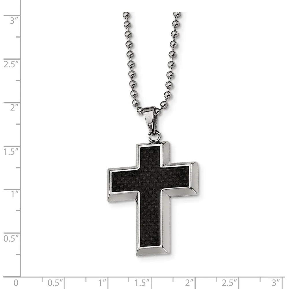 Stainless Steel and Black Carbon Fiber Inlay Cross Necklace - 22 Inch