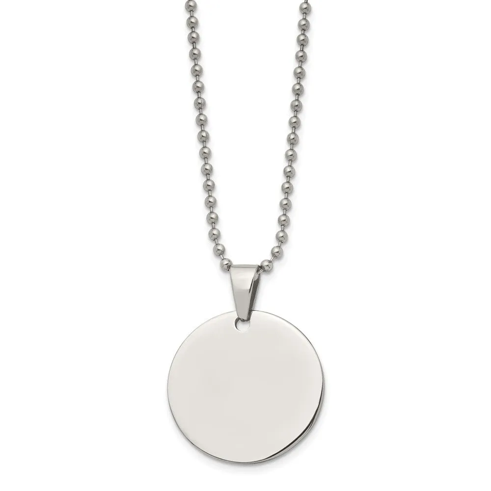 Stainless Steel Reversible 28mm Round Engravable Disc Necklace, 24 In